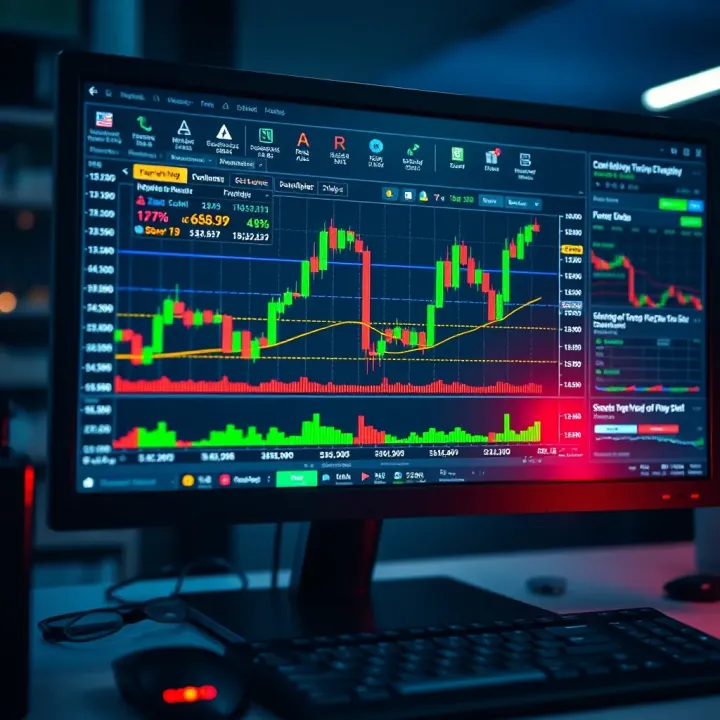Forex Trading Platform Interface with Currency Pairs and Analytics Illustration of computer screen showing forex trading platform with multiple currency pairs and analytical tools