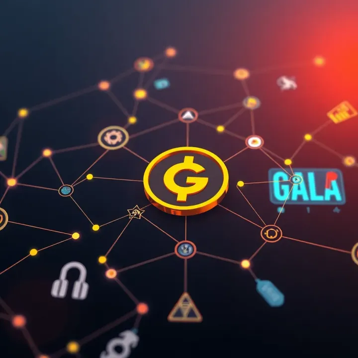 Illustration of blockchain connections highlighting Gala token and fintech icons