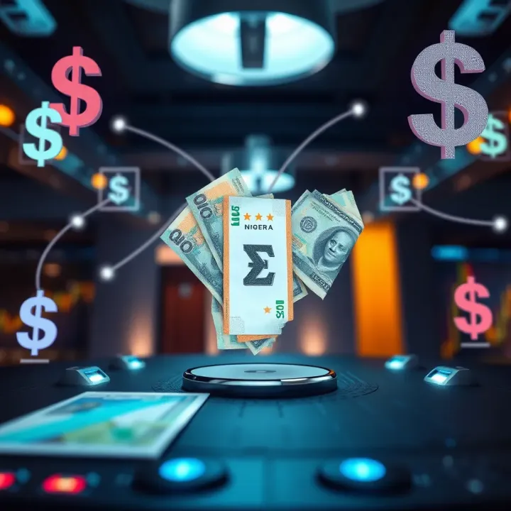 Conceptual illustration of currency symbols and Nigerian naira connected through online trading network