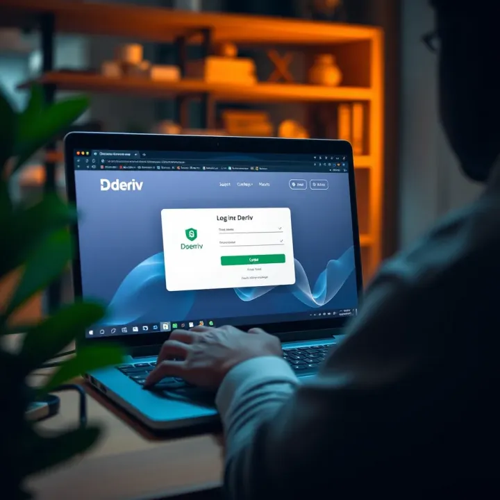 User logging into Deriv platform on a laptop screen featuring secure login interface