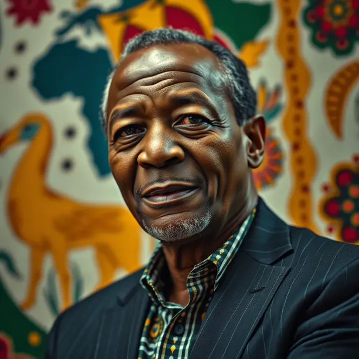 Portrait of Jabulani Ngcobo with a backdrop of African cultural motifs
