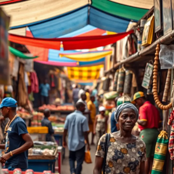 Bustling Kwakol Market with colorful stalls and customers interacting amid diverse goods