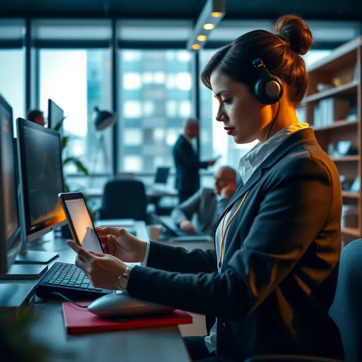 Professional individual analyzing bitcoin market trends on a digital device in an office environment