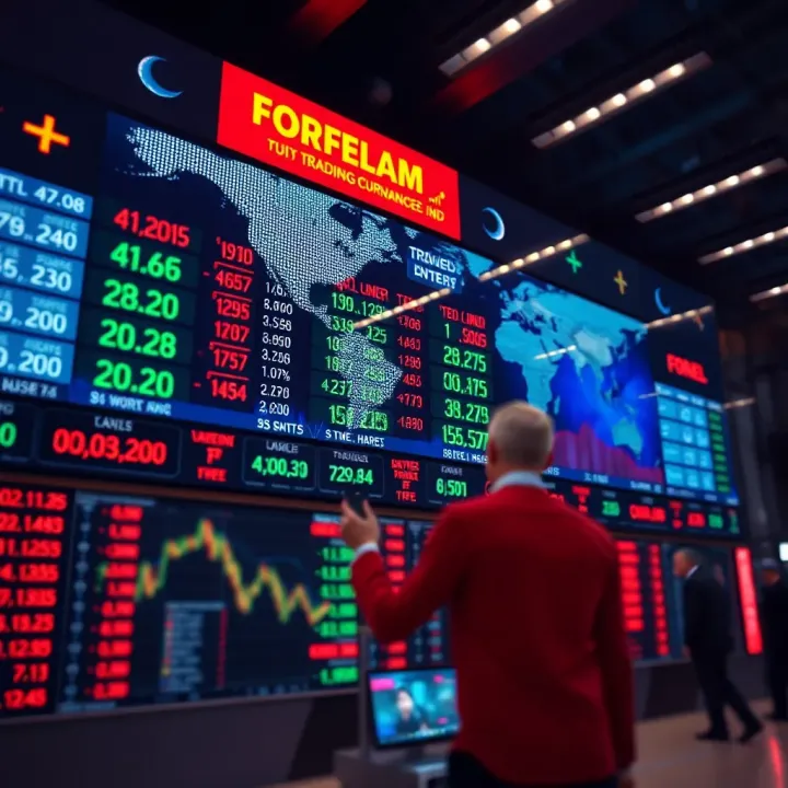 Illustration of global currency exchange rates displayed on digital screens