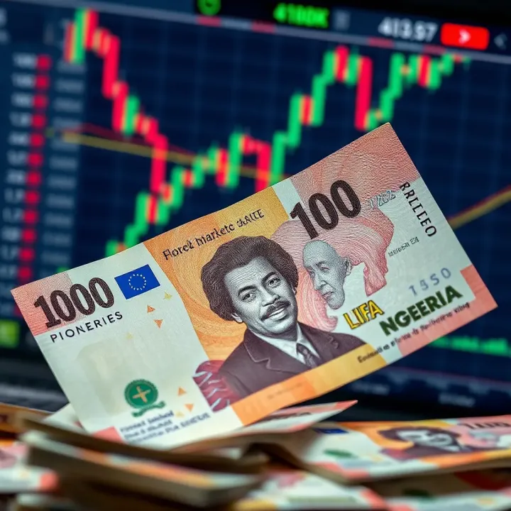 Nigerian naira currency notes with forex trading digital interface