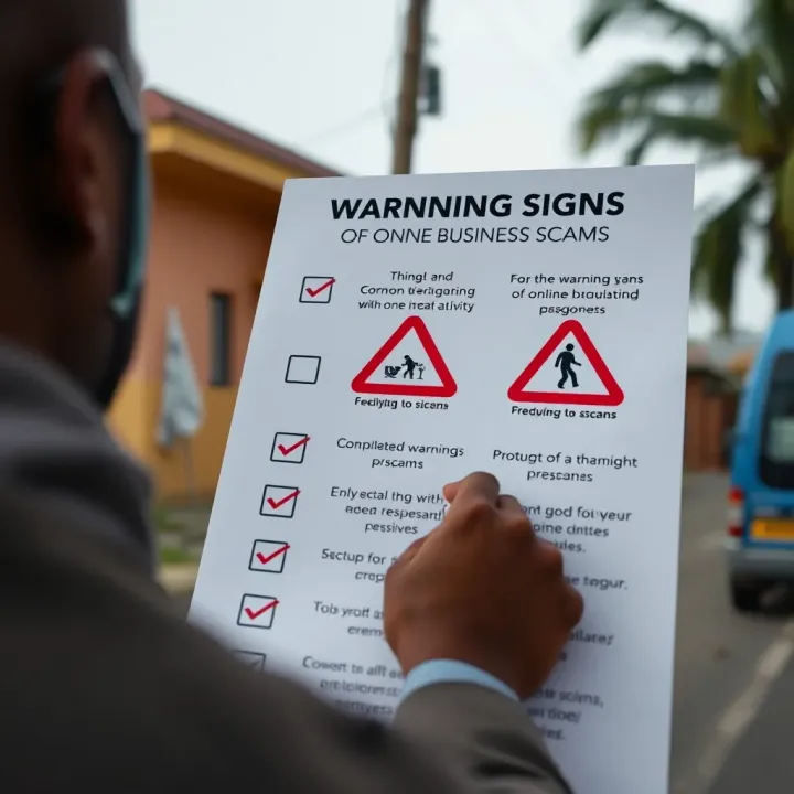 Key Warning Signs of Online Business Scams Checklist highlighting common warning signs of fraudulent activities in Nigerian online business contexts