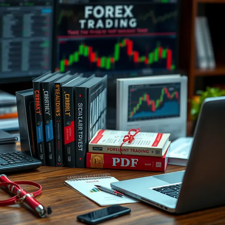 Accessing Trusted Forex Trading Resources in PDF Format Collection of forex trading books and PDFs arranged on a desk with a laptop