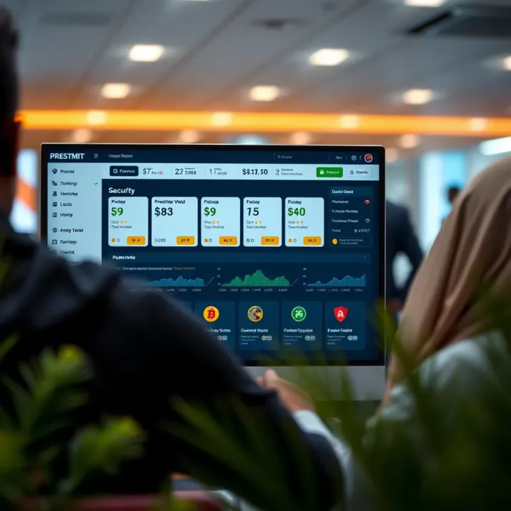 Digital dashboard showing international money transfer options and security features