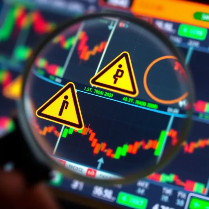 Magnifying glass focusing on a forex trading platform with warning signs