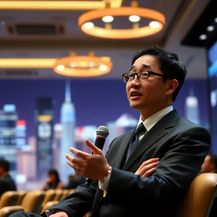 Ben Zhou at a Business Leadership Conference Ben Zhou speaking at a business conference with a dynamic cityscape background
