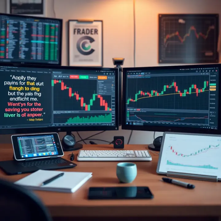 Empowering Forex Trading Inspiration and Educational Content Creative workspace featuring trading tools, charts, and inspirational quotes highlighting female empowerment in the forex industry