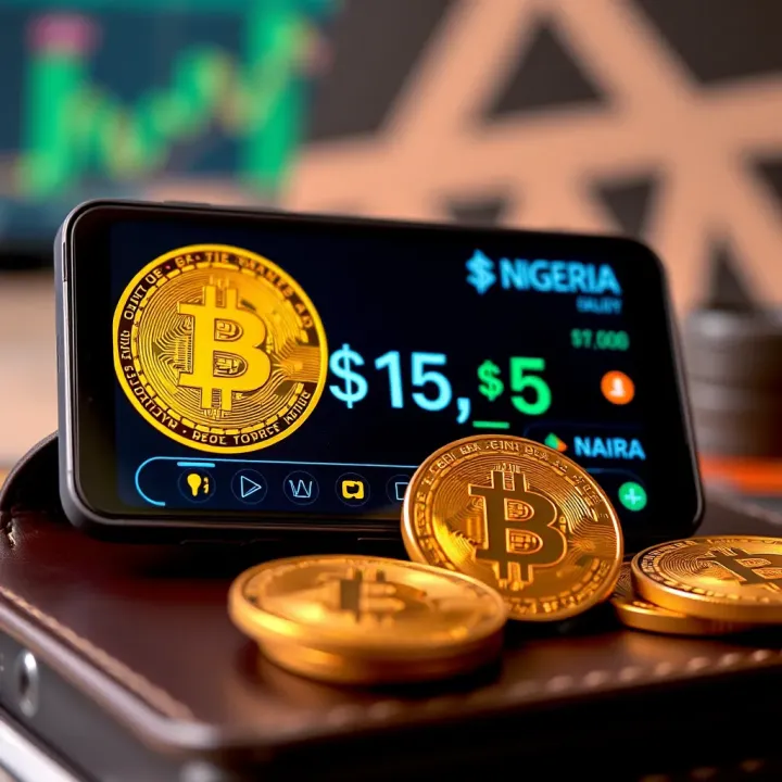 Illustration of a digital wallet showing Bitcoin balance and Nigerian Naira currency symbols