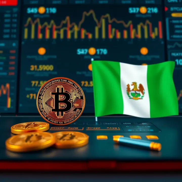 Visual representation of secure online cryptocurrency exchange platform with Bitcoin and Nigerian flag icons
