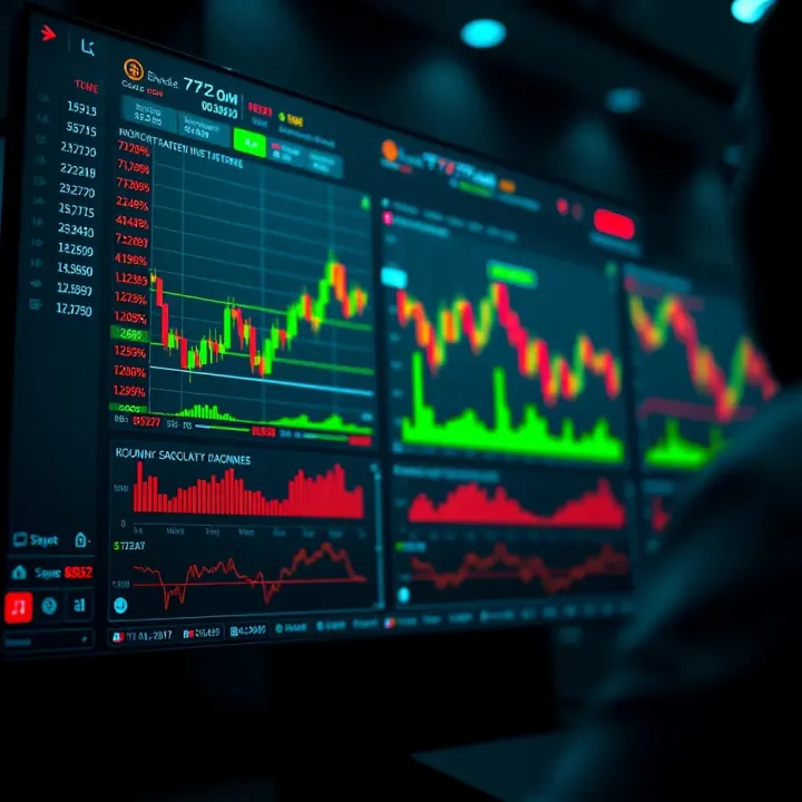Illustration of a digital interface showing multiple financial charts and graphs representing copy trading activity