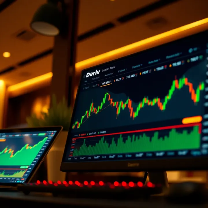 Interface of Deriv trading platform showing live market charts and trading options