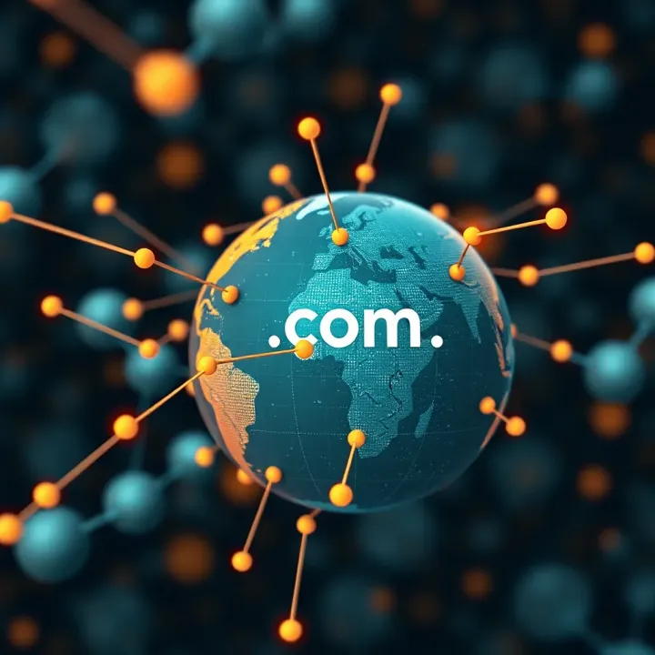 Illustration of a globe with interconnected nodes representing domain registration and internet connectivity