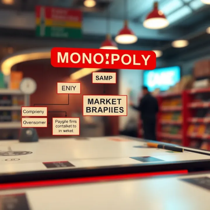 Flowchart showing features of monopoly with single firm controlling the market and high entry barriers