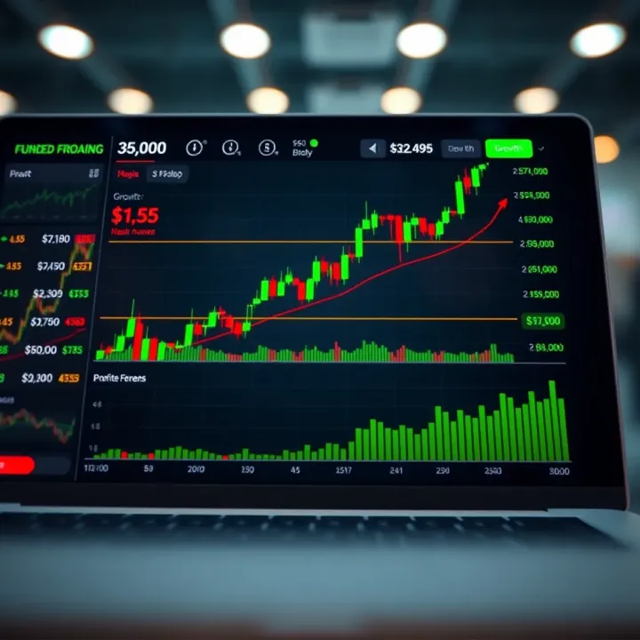 Conceptual illustration of a funded forex account dashboard showing profit growth without initial investment