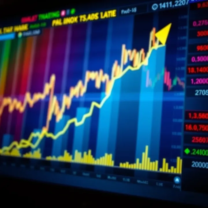 Graph showing rising financial index values with market data background