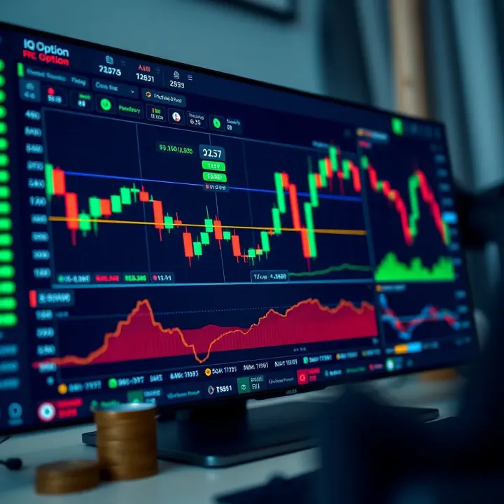 User interface of IQ Option platform showing cryptocurrency trading charts and real-time market data