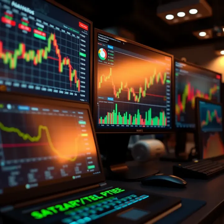 Graph showing financial growth and trading activities on multiple screens representing proprietary trading workflows