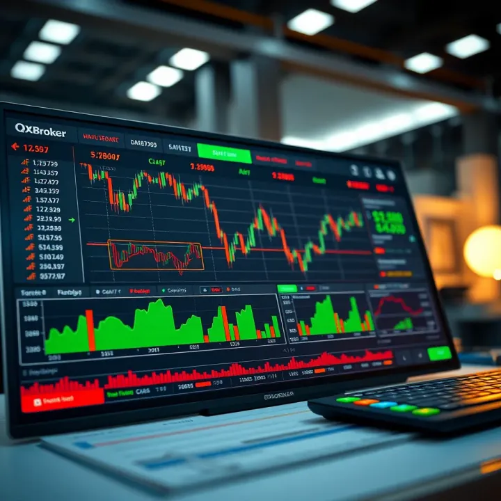Dashboard displaying various financial instruments and real-time trading data on QXBroker platform