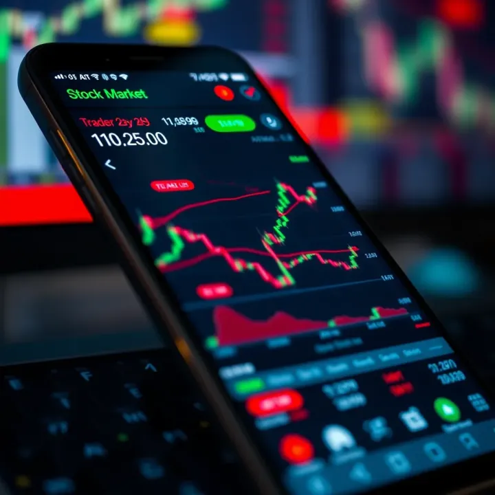 Smartphone screen displaying various stock market charts and trading options