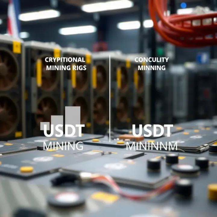 Graphic showing comparison between traditional cryptocurrency mining rigs and conceptual USDT mining mechanics
