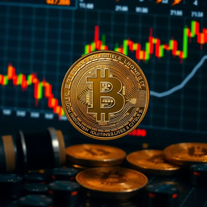Digital representation of Bitcoin surrounded by fluctuating market graphs and charts