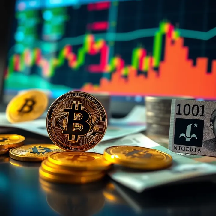 Bitcoin Investment Opportunities and Risks in Nigeria Conceptual design featuring Bitcoin symbols surrounded by Nigerian currency notes and market charts