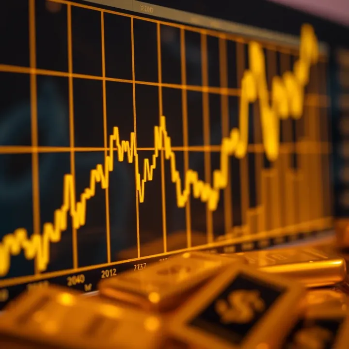 Graph depicting fluctuations in gold price relative to the US dollar influenced by market trends and geopolitical events